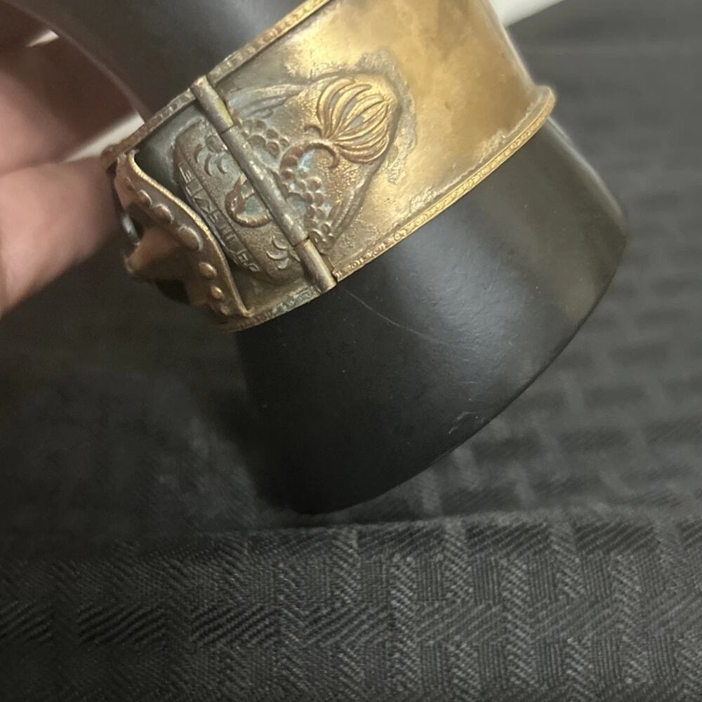 Vintage Wide Brass Tribal Ethnic Arm Cuff Bangle Bracelet Black Stone Cabochon - Picture 6 of 8